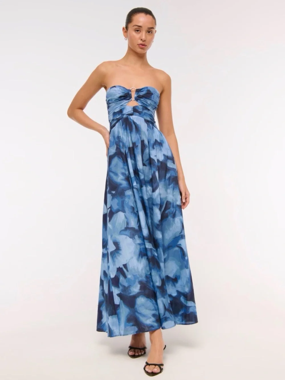 Abercrombie & Fitch Blue Watercolor Strapless Ring-Detail Maxi